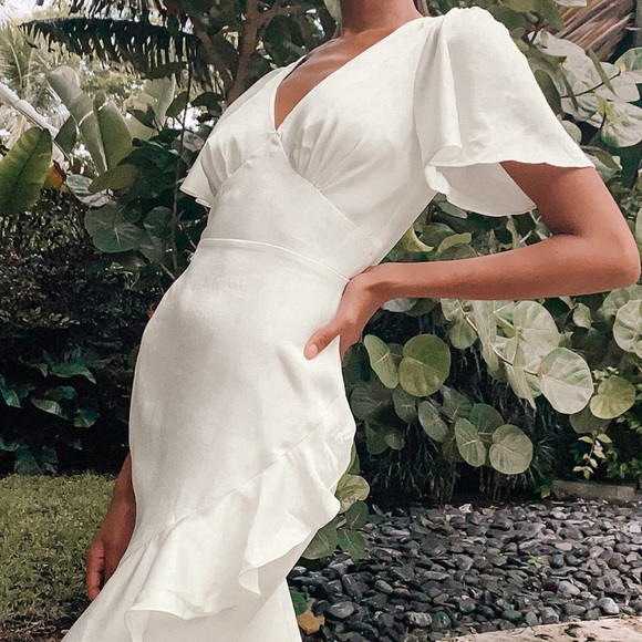 Eternal Bond White Satin Ruffled Flutter Sleeve Maxi Dress - Picture 4 of 8